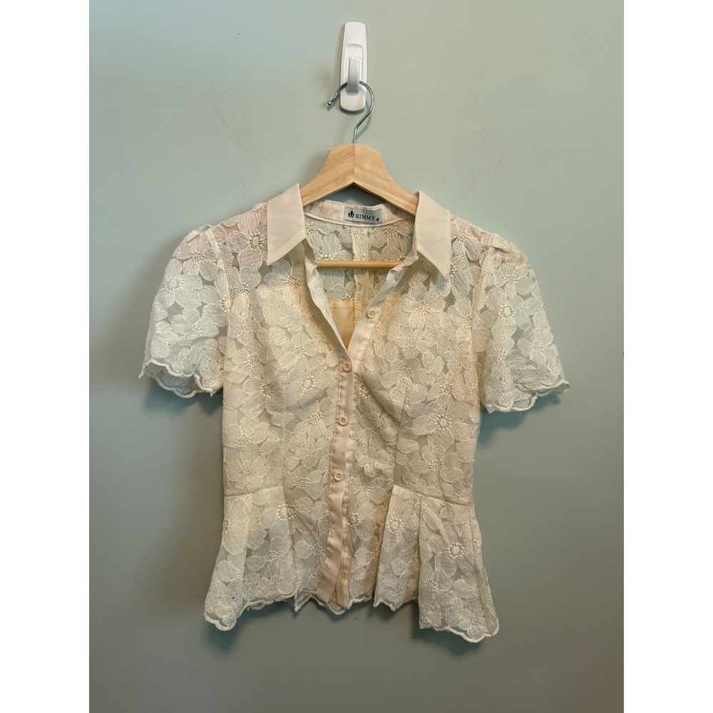 Rimmy Cream Floral Lace Button Up Blouse Short Sleeve Peplum Top Ivory Medium